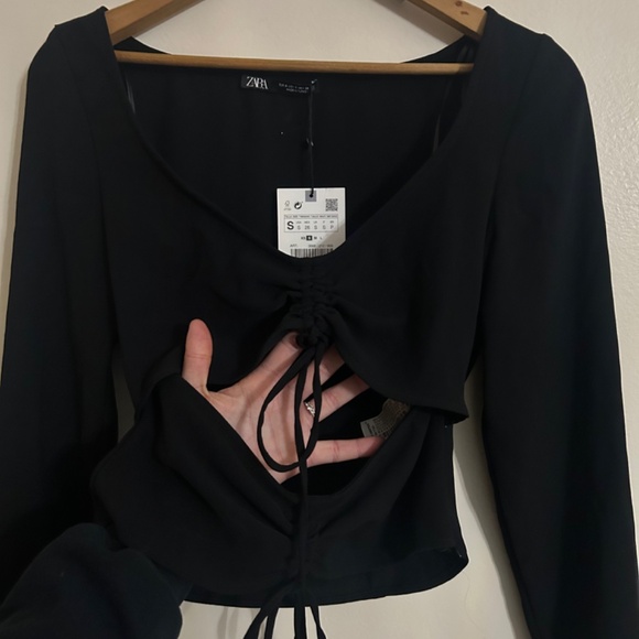 ZARA Ruched Front Cut-Out Top – Black, Size S (NWT) - Picture 2 of 9
